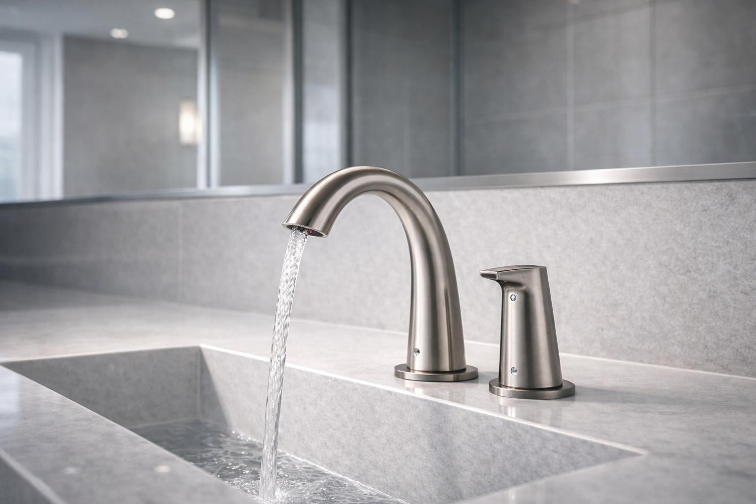 Hand activating a touchless sensor faucet in a clean commercial lavatory