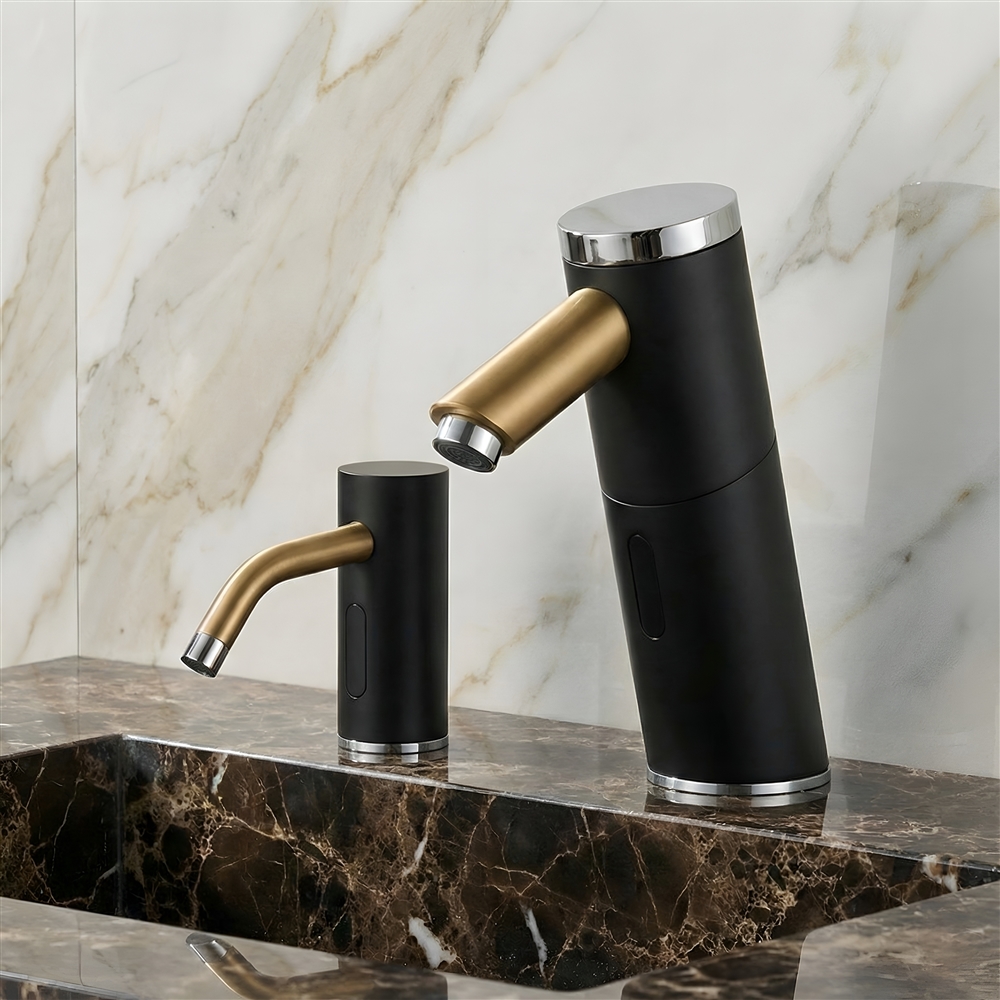 Modern healthcare restroom with touchless faucet and blue-accent clean interior