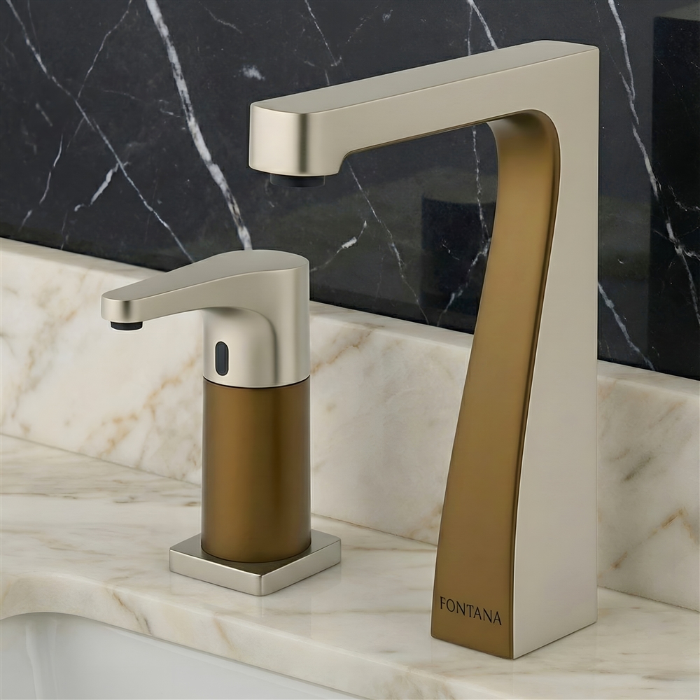 Commercial restroom sink area designed for infection-control handwashing