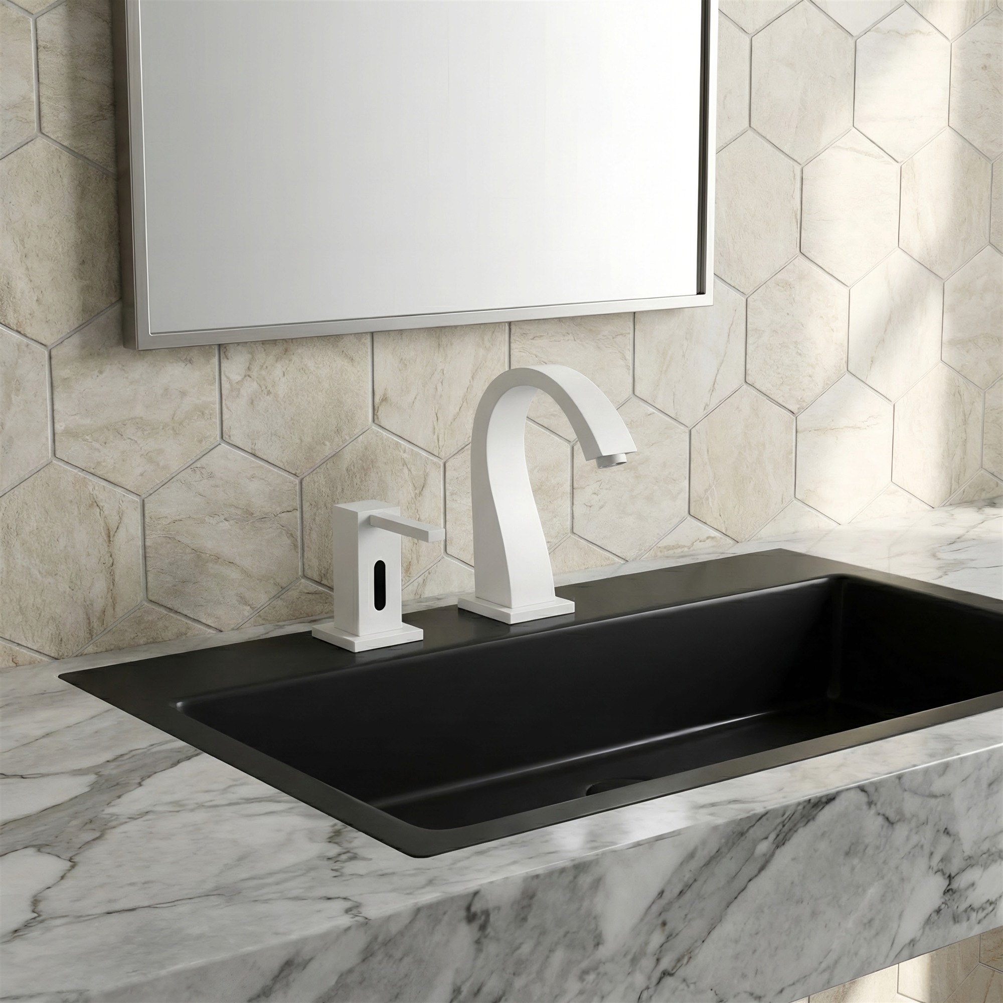 Architectural restroom sink deck with coordinated automatic faucet placement